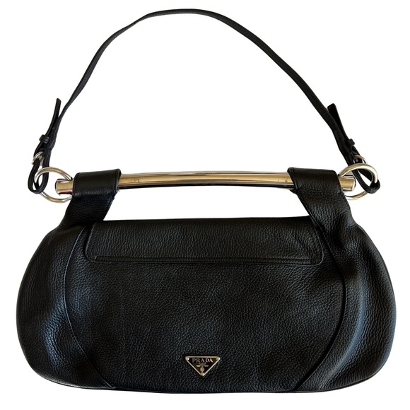 Prada Black Leather Silver Metal Top Handle Bar 2 in 1 Shoulder Bag to Clutch - Picture 4 of 17